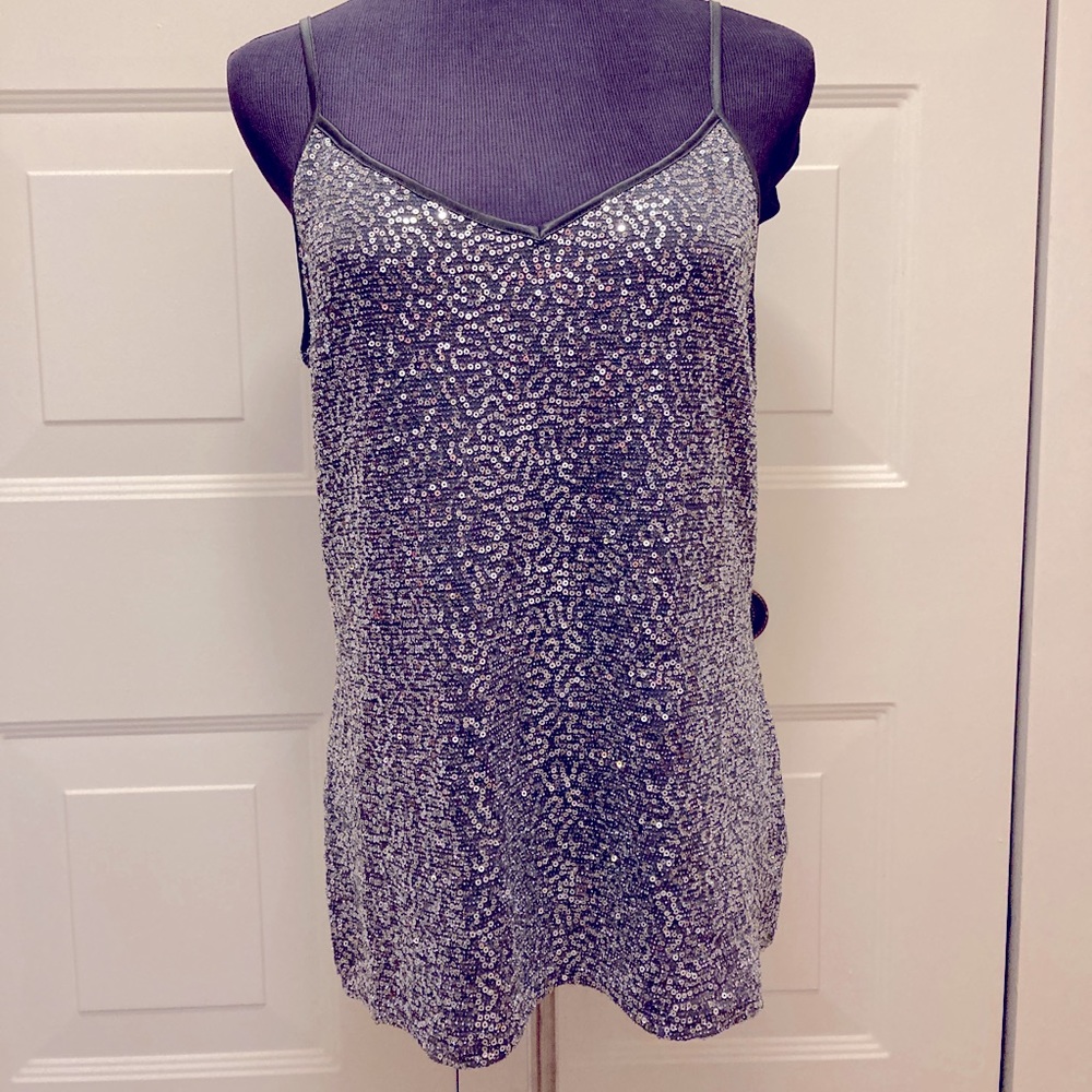 EXPRESS silver v-neck tank or cami with spaghetti straps, women’s large